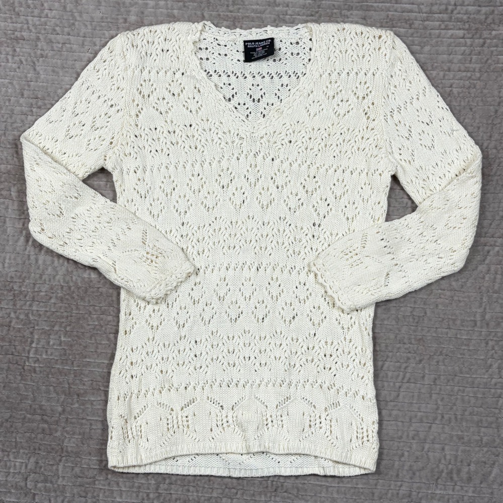 Vintage Polo Jeans Co Ralph Lauren Cream Pointelle Knit V-Neck Sweater‎ Womens M